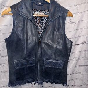 Anage Women's Dark Blue Leather Vest Zip Up Pockets Fringe Boho Western Cowgirl
